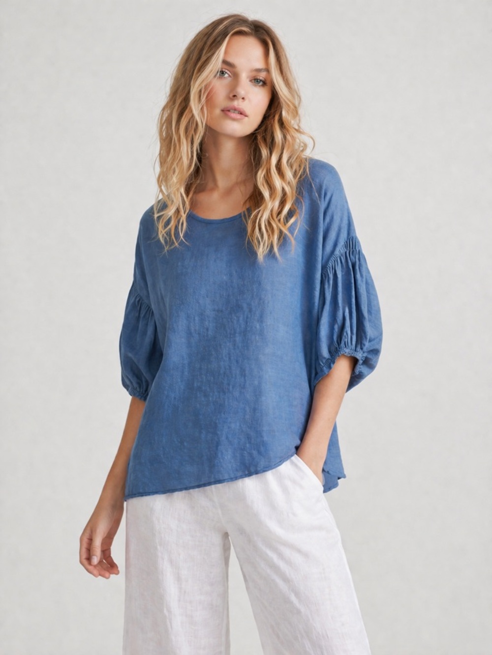 Bellambra Italy Blue 100% Linen Puff Sleeve Scoop Neck High Low Blouse Sz S Boho